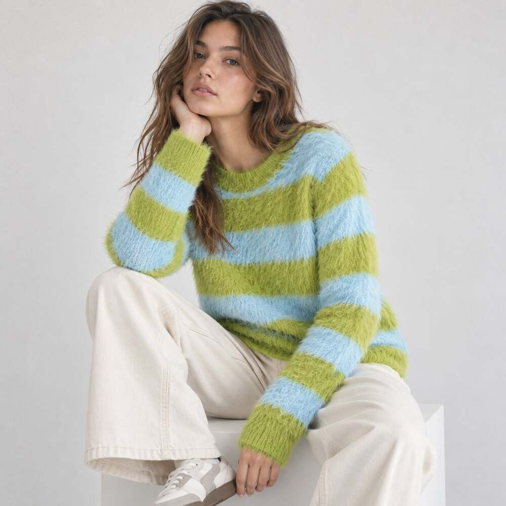 Compania Fantastica Fluffy Textured Knit Sweater in Green Striped Print, size S